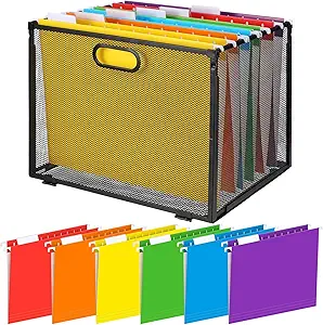 Photo 1 of Estune Hanging File Organizer Mesh File Folder Box Metal Foldable Storage Boxes Letter Size with 6 File Folders Foldable Desktop Magazine Book Letter Storage Cabinets for Office School(9.8 Inch)