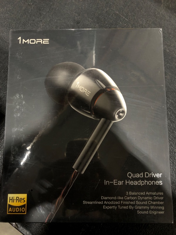 Photo 1 of 1MORE Quad Driver in-Ear Earphones Hi-Res High Fidelity Headphones Warm Bass, Spacious Reproduction, High Resolution, Mic in-Line Remote Smartphones/PC/Tablet - Silver/Gray
