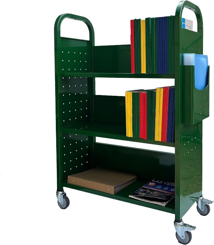 Photo 1 of  Workington Rolling Book Truck Book Cart with 3 Flat Shelves, Library Book Cart with Swivel Lockable Casters 3001 Green 
