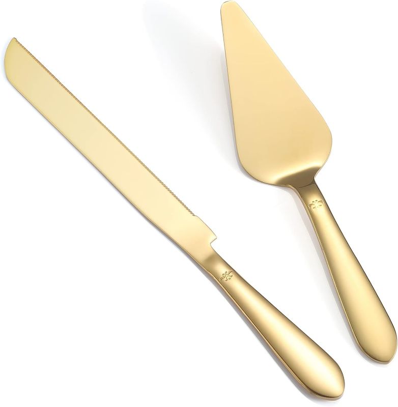 Photo 1 of  Cake Cutting Set for Wedding, Elegant Knife and Server with Thickened Stainless Steel Rounded Edges, Cutter Pie Spatula Birthday Anniversary Christmas Gift of 2, Gold 