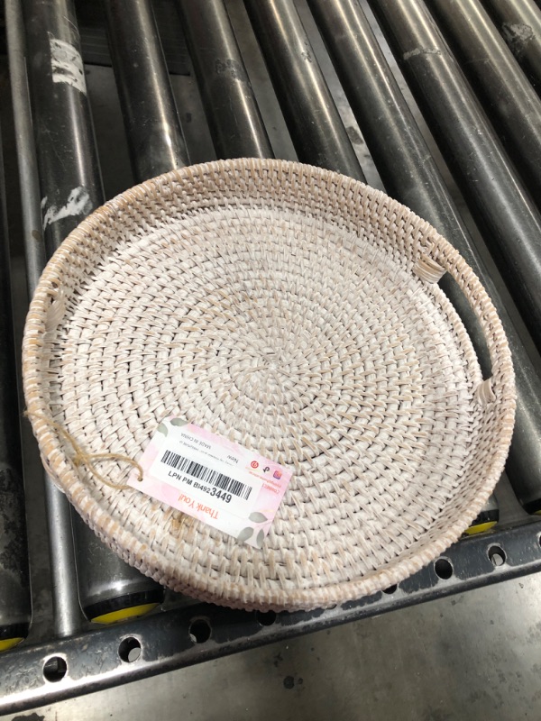 Photo 2 of 11.8 inch Round Rattan Tray, Ottoman Tray, Woven Serving Tray with Cut - Out Handles, Wicker Serving Basket, Whitewash