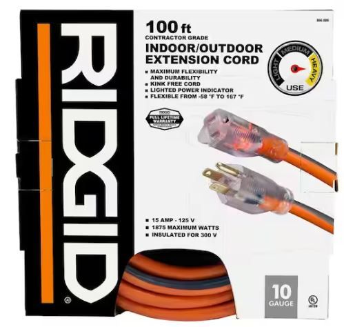 Photo 1 of 100 ft. 10/3 Heavy Duty Indoor/Outdoor SJTW Extension Cord with Lighted End, Orange/Grey
