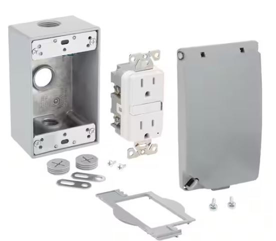 Photo 1 of 1-Gang Metal Weatherproof Electrical Box, Cover and GFCI Kit (24-in-1 Configurations), Gray


