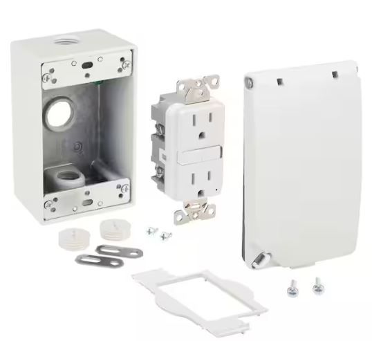 Photo 1 of 1-Gang Metal Weatherproof Electrical Box, Cover and GFCI Kit (24-in-1 Configurations), White
