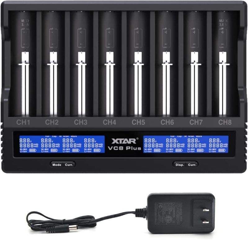 Photo 1 of 8 bays 21700 18650 Battery Charger XTAR New VC8 Plus 21700 Smart Charger with LCD Display,1A*8 Fast Charger for 3.6V 3.7V Li-ion 10440 18700 26650 1.2V Ni-MH AA AAA C Full Set with DC 12V 3A Adapter
