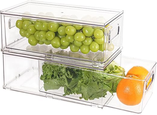 Photo 1 of 2 Pack Stackable Refrigerator Organizer Bins with Pull-out Drawer, Drawable Clear Fridge Drawer Organizer with Handle, Plastic Kitchen Pantry Storage Containers