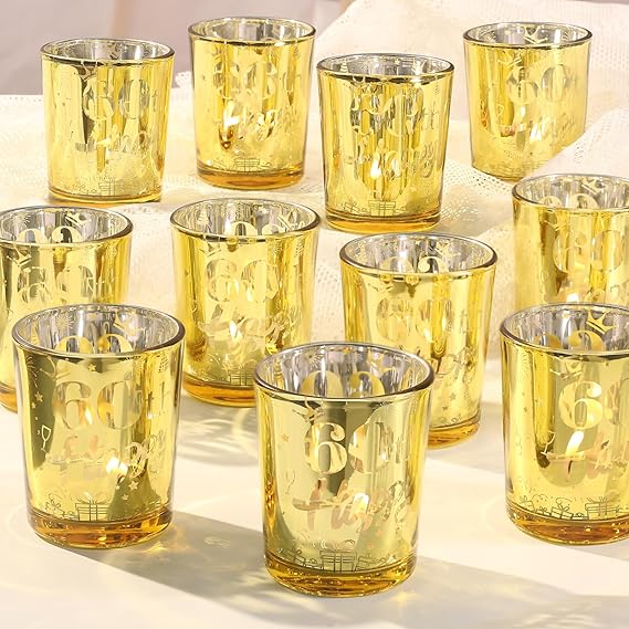 Photo 1 of 12pcs 60th Birthday Candle Holders Men, Happy 60 Birthday Decorations for Men Black Gold Votive Candle Holders for Sixty Years Old Birthday Party 60th Anniversary Decorations (Shiny Style)
