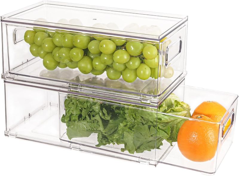 Photo 1 of  2 Pack Stackable Refrigerator Organizer Bins with Pull-out Drawer, Drawable Clear Fridge Drawer Organizer with Handle, Plastic Kitchen Pantry Storage Containers