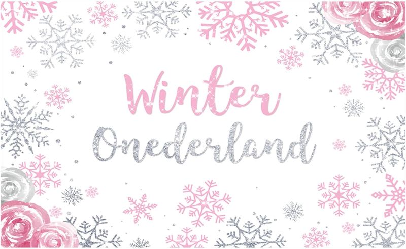 Photo 1 of Allenjoy Winter Onederland Backdrop Pink Silver Florals Snowflakes Photography Background for Kids Girls Baby Shower Happy 1st Birthday Party Cake Table Decor Banner Photo Studio Booth Props
