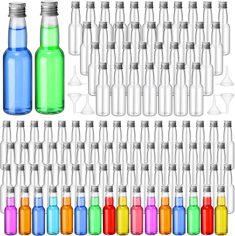 Photo 1 of 120 Pcs Mini Liquor Bottles, Plastic Spirit Bottle Mini Empty Plastic Alcohol Shot Bottles with Funnels, Airtight Shot Bottles Miniature Bottles for Party Favors, Wedding (Silver,3.3 oz)
