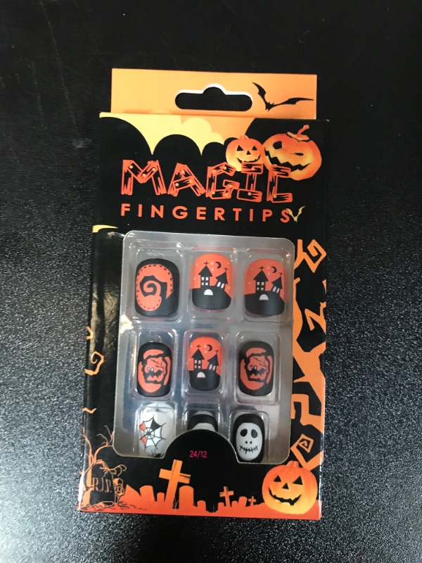 Photo 2 of 24 pcs Short nail HalloweenThemed Nail Design Features 12 Different Sizes,Will Make Your Nails Look Beautifully Captivating Will be Your must-have Accessory Halloween (Ghost Face Castle)