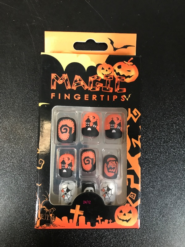 Photo 2 of 24 pcs Short nail HalloweenThemed Nail Design Features 12 Different Sizes,Will Make Your Nails Look Beautifully Captivating Will be Your must-have Accessory Halloween (Ghost Face Castle)