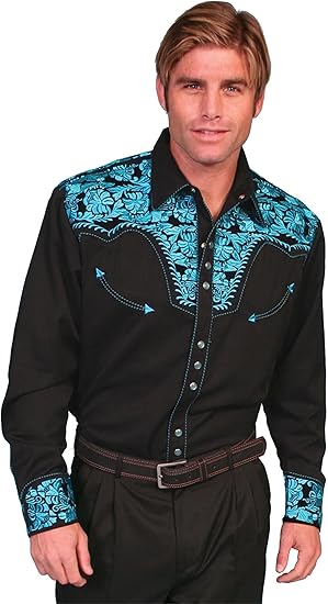 Photo 1 of 3XL Scully Black Men's Long Sleeve Snap Front Tooled Embroidered Shirt P-634