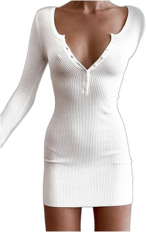 Photo 1 of 2XL  WOMENS Women's Sheath Dress Short Mini Dress White Black Long Sleeve Solid Color Fall V