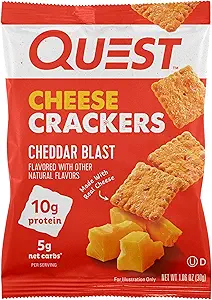 Photo 1 of 
 expires- 2/21/25 
Quest Nutrition Cheese Crackers, Cheddar Blast, 10g Protein, 5g Net Carbs, 1g Sugar, Made with Real Cheese, 12 Packs (1.06 oz bags)
