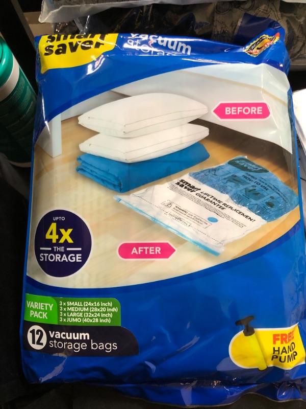 Photo 2 of 12 Pack Vacuum Space Saver Bags (3 Jumbo,3 Large,3 Medium,3 Small) for Clothes Storage, Bedding,Pillows, travelling, Vaccum Sealer Compression Airtight Reusable Bag with Travel Hand Pump 12 PACK(3X Jumbo,3X Large,3X Medium, 3XSMALL)