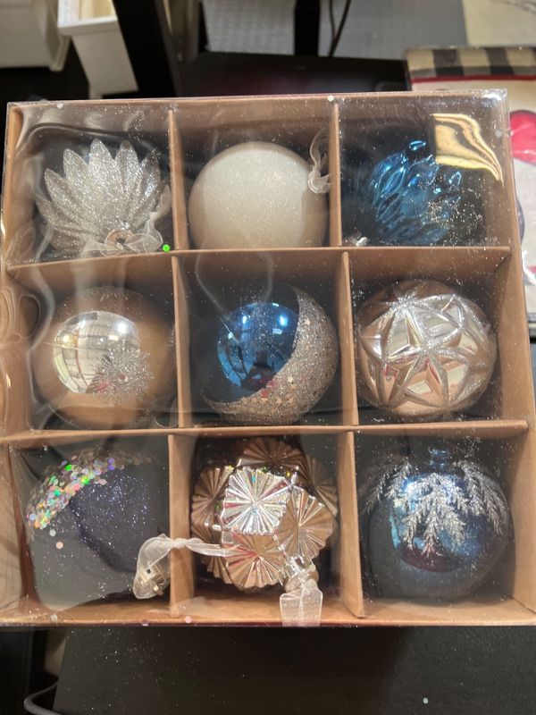 Photo 2 of AMS 18ct 80mm Christmas Ball Shatterproof Large Hanging Ball Ornaments in a Gift Box Ideal for Xmas Decorations (3.15'', Blue+Silver)