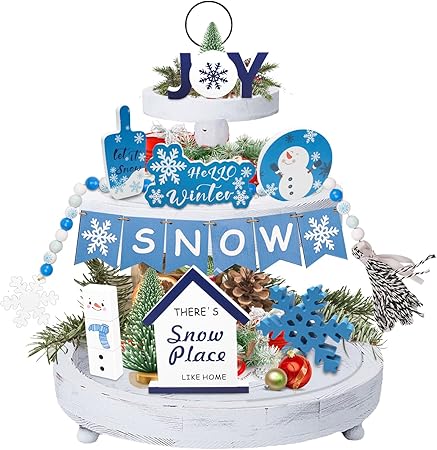 Photo 1 of 16 Pcs Winter Christmas Tiered Tray Decor 3D Tabletop Farmhouse Sign Tray Decorations Winter Snowflake Wooden Tiered Tray Decor for Home Decor Winter Holiday Party Supplies