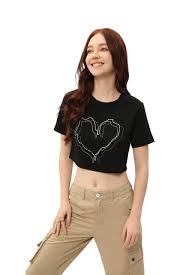 Photo 1 of  XS  DECIVI Women's Cropped Top Tees Summer Graphic Heart Print Round Neck Short Sleeve Slim Fit Casual T Shirts