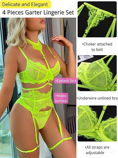 Photo 1 of  MED  Kaei&Shi Garter Lingerie Set for Women, Sexy Floral Lace, Strappy High Waisted Hide Belly, 4 Piece with Exotic Choker Belt