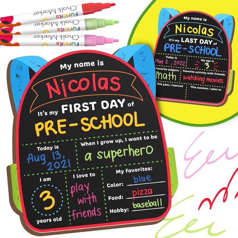 Photo 1 of First Day of School Board (11 x 13") - Back to School Sign, First Day of Preschool Sign, First Day of School Sign | First Day of Kindergarten Sign, School Supplies + 3 Chalkboard Chalk Markers