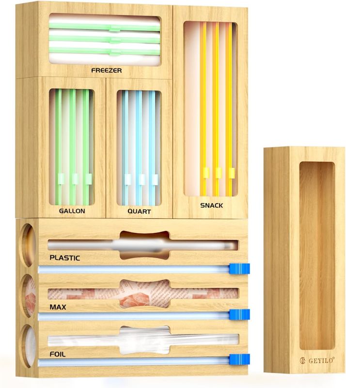 Photo 1 of 8 in 1 Bag Organizer Storage for Kitchen Drawer Organization, Bamboo Foil and Plastic Wrap Organizer, Plastic Bag Organizer for Gallon,Quart,Sandwich and Snack Variety Size Bag