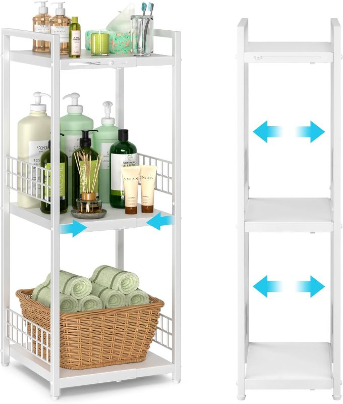 Photo 1 of Expandable Slim Storage Shelf, 3 Tier Metal Shelving Unit for Bathroom Storage Organizer, Free-Standing Narrow Shelf, Open Floor Shelves for Small Spaces,Laundry,Bathroom,Kitchen, White