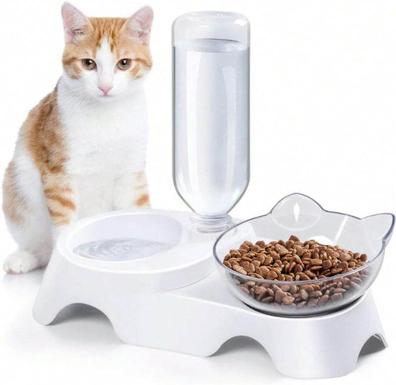 Photo 1 of 1PC Double Dog Cat Bowls Pets Water and Food Bowl Set with Automatic Waterer Bottle for Small or Medium Size Dogs Cats, Dark Grey