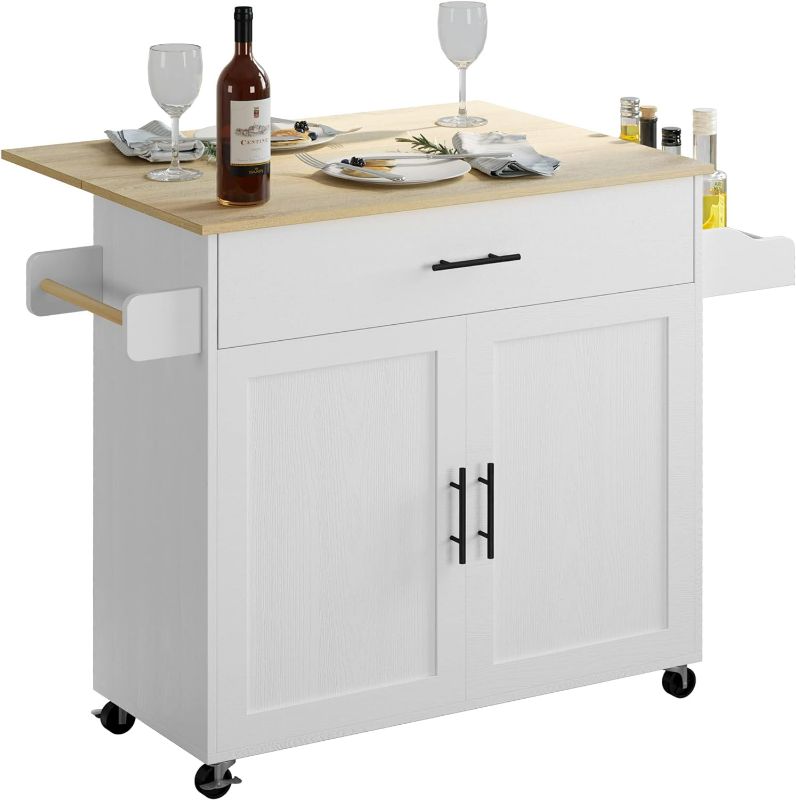 Photo 1 of IRONCK Rolling Kitchen Island Table on Wheels with Drop Leaf, Storage Cabinet, Drawer, Spice Rack, Towel Rack, Kitchen Cart, White