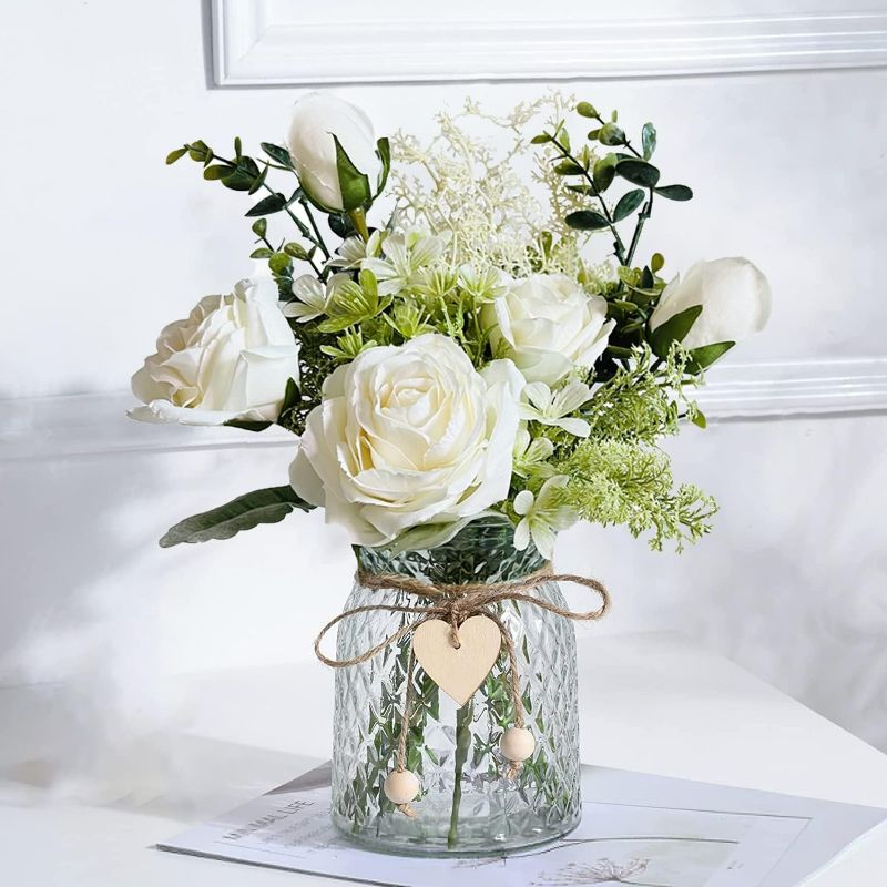 Photo 1 of LADADA Faux Flowers with Vase, Silk Roses Artificial Flowers in Vase, Suitable for Wedding, Party, Home Decor (Ivory)