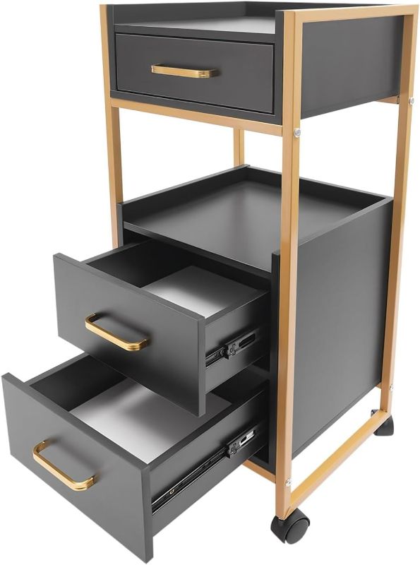 Photo 1 of Salon Storage Cart, 14*12*34" Barber Shop Tool Cabinet w/Hair Dryer Holder, 176.37LBS Load Free Standing Nail Salons Trolley w/Wheel, 3 Drawers & 2 Open Tier Categorize Salon Station-Gold Black