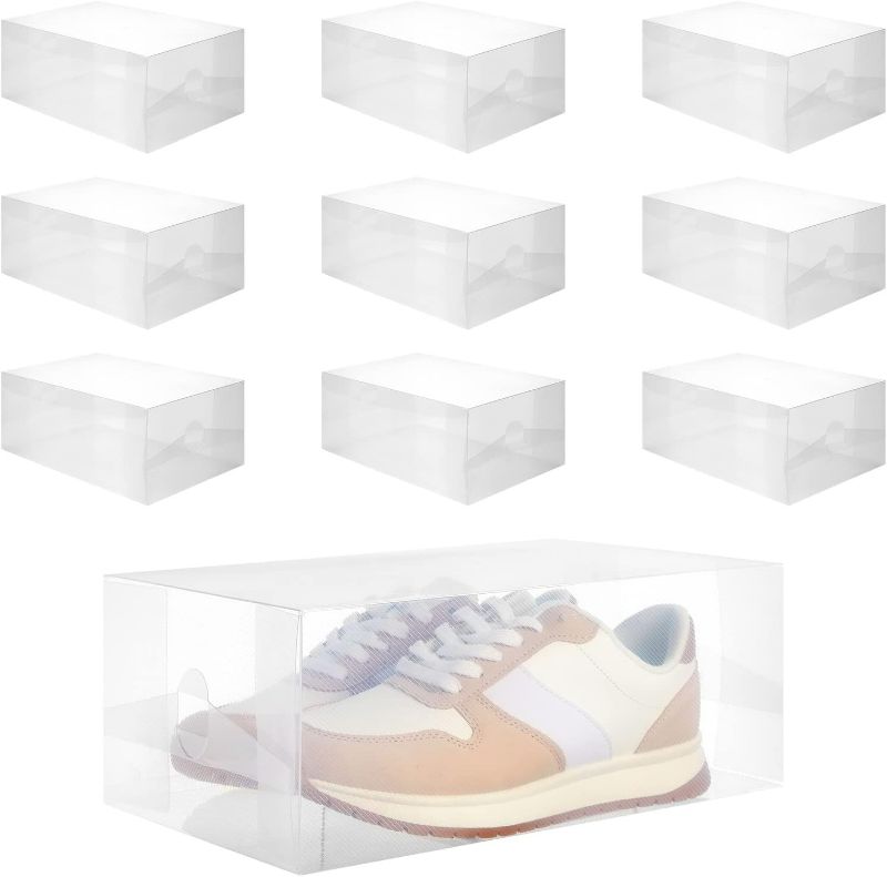 Photo 1 of Juvale 10 Pack Foldable Clear Plastic Shoe Storage Boxes, Stackable Cases for Closet Organization (13 x 8.25 x 5.1 In)