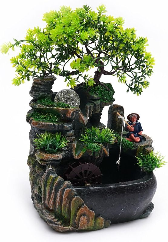 Photo 1 of (Fisherman is Missing) Tabletop Fountain Rockery Waterfall, Fountain Waterfall Desktop, Waterfall Fountain Desktop Miniature Rockery Crafts with Plants Stones LED Lamp for Home Office and Bedroom Study Room