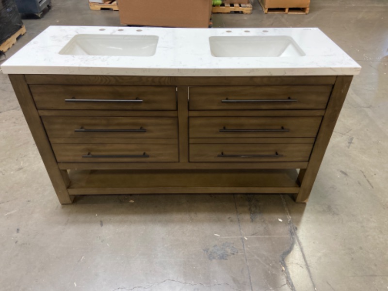 Photo 1 of (Small Scratches At Base Of Legs, 2 Cracks On Top at Right Sink)Allen + Roth Kennilton 60-in Gray Oak Double Sink Bathroom Vanity with Carrera White Engineered Stone Top