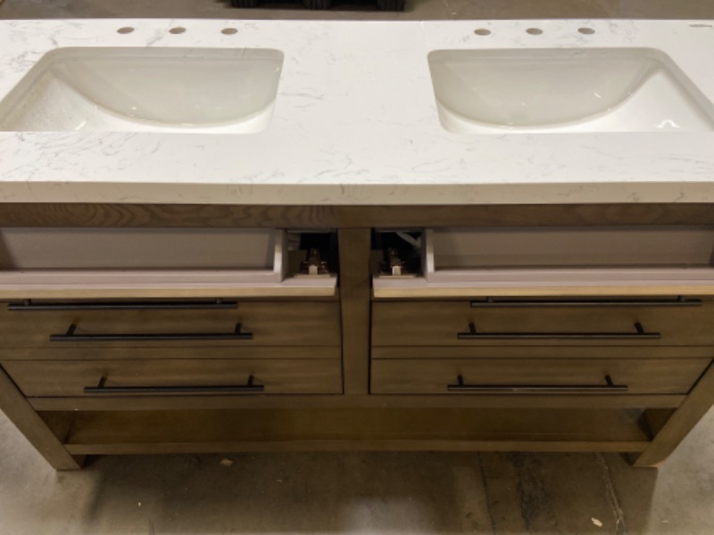 Photo 2 of (Small Scratches At Base Of Legs, 2 Cracks On Top at Right Sink)Allen + Roth Kennilton 60-in Gray Oak Double Sink Bathroom Vanity with Carrera White Engineered Stone Top