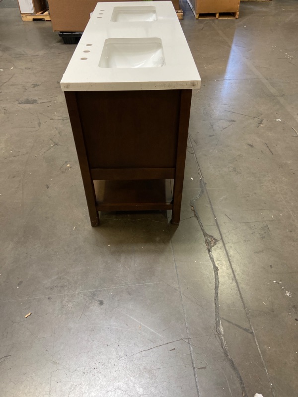 Photo 2 of (Top Is Cracked on Left Sink, Light Scratches at Bottom Of Leg) Allen + Roth Kennilton 60-in Gray Oak Double Sink Bathroom Vanity with Carrera White Engineered Stone Top