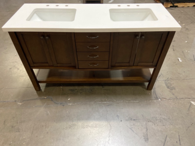 Photo 1 of (Top Is Cracked on Left Sink, Light Scratches at Bottom Of Leg) Allen + Roth Kennilton 60-in Gray Oak Double Sink Bathroom Vanity with Carrera White Engineered Stone Top