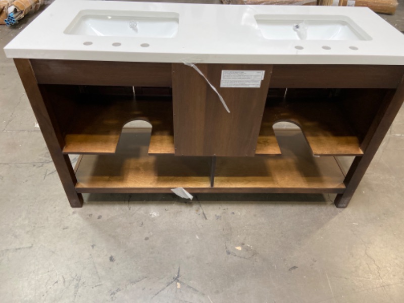 Photo 4 of (Top Is Cracked on Left Sink, Light Scratches at Bottom Of Leg) Allen + Roth Kennilton 60-in Gray Oak Double Sink Bathroom Vanity with Carrera White Engineered Stone Top