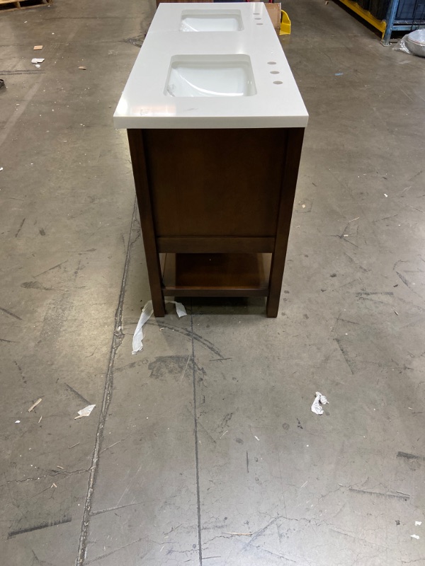 Photo 3 of (Top Is Cracked on Left Sink, Light Scratches at Bottom Of Leg) Allen + Roth Kennilton 60-in Gray Oak Double Sink Bathroom Vanity with Carrera White Engineered Stone Top