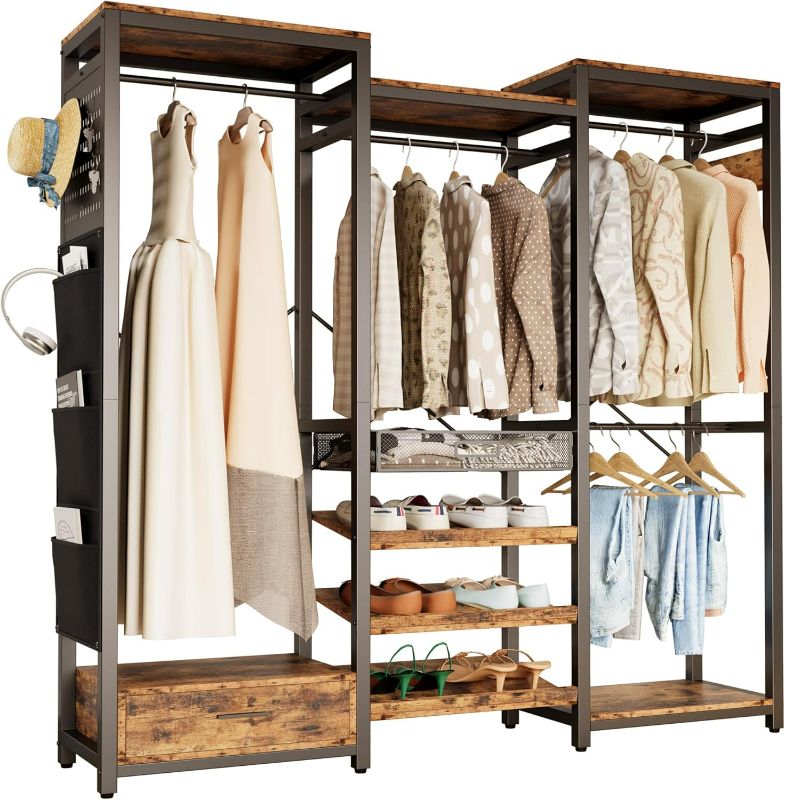 Photo 1 of  IRONCK Clothes Rack with 3 tier Shelves for Shoes & 2 Drawers, Heavy Duty Garment Rack with Hanging Rods, Closet Organizers and Storage, Vintage Brown