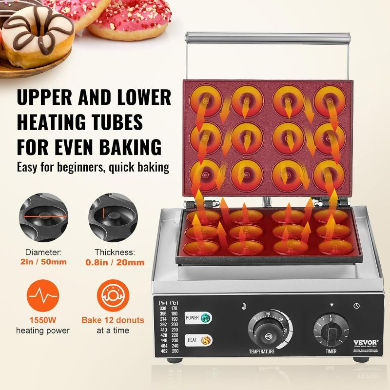 Photo 1 of VEVOR Electric Donut Maker, 1550W Commercial Doughnut Machine with Non-stick Surface, 12 Hole Double-Sided Heating Waffle Machine Makes 12 Doughnuts, Temperature 122-572, for Restaurant & Home Use