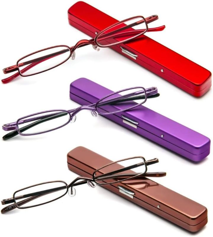 Photo 1 of ***+1.75***Small Reading Glasses Men Women 3 Pairs Slim Pocket Readers with Pen Clip Metal Case Spring Hinge (Purple+Brown+Red,+1.75)