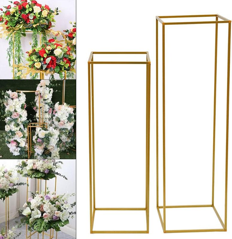 Photo 1 of 2PCS Gold Wedding Flower Stand Metal Wedding Geometric Flower Vase Column Stand for Home Decor Rectangular Flower Display Rack Wedding Party Dinner Centerpiece Party Table, 80CM/100CM