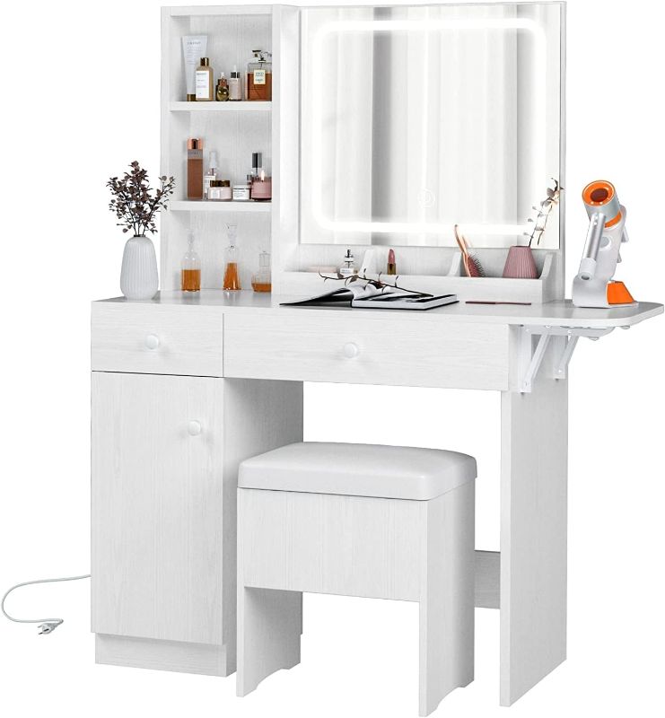 Photo 1 of IRONCK Vanity Desk with LED Lighted Mirror & Power Outlet, Makeup Table with Drawers & Cabinet, Storage Stool for Bedroom, White