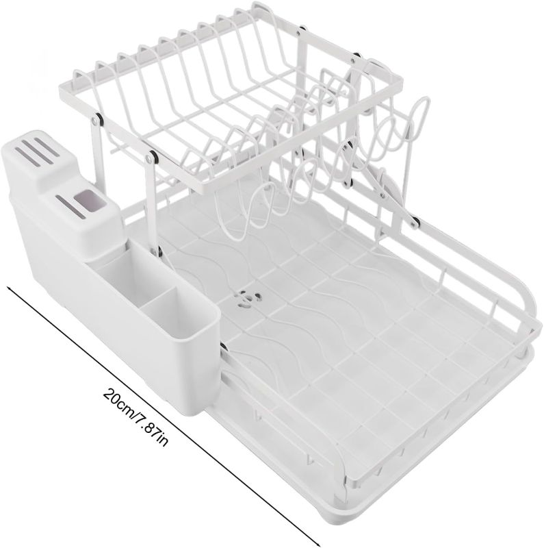 Photo 1 of 2 Tier Folding Dish Drying Rack with Drainage Function, Multifunctional Storage Rack for Kitchen Utensils Double Layer Design (White)