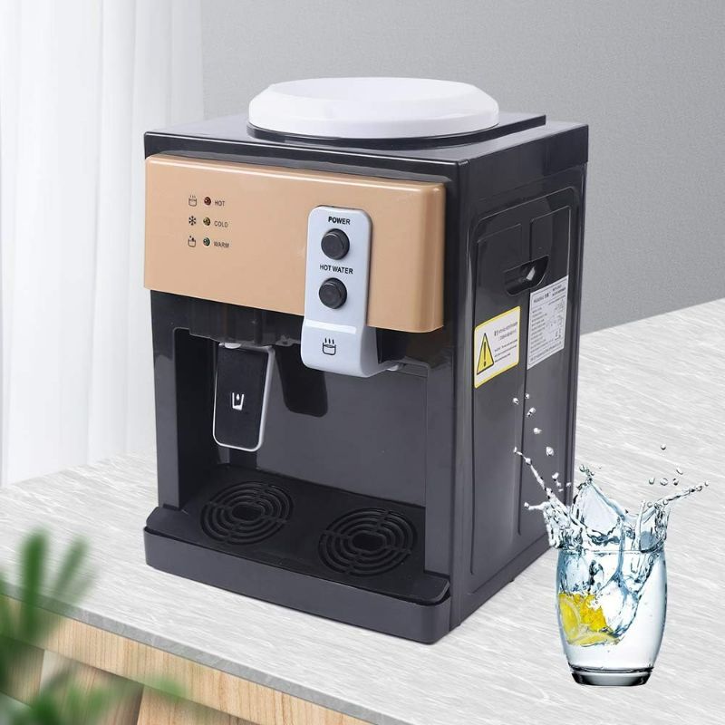 Photo 1 of 110V Electric Hot and Cold Water Cooler Dispenser 550W Top Loading Countertop Water Dispenser with Hot Cold and Room Temperature Water 60Hz Desktop Water Dispenser for Home Office Dorm (Gold)