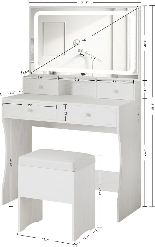 Photo 2 of IRONCK Vanity Desk with LED Lighted Mirror & Power Outlet, Makeup Vanities Table with 4 Drawers, Storage Bench, for Bedroom White