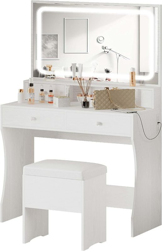 Photo 1 of IRONCK Vanity Desk with LED Lighted Mirror & Power Outlet, Makeup Vanities Table with 4 Drawers, Storage Bench, for Bedroom White