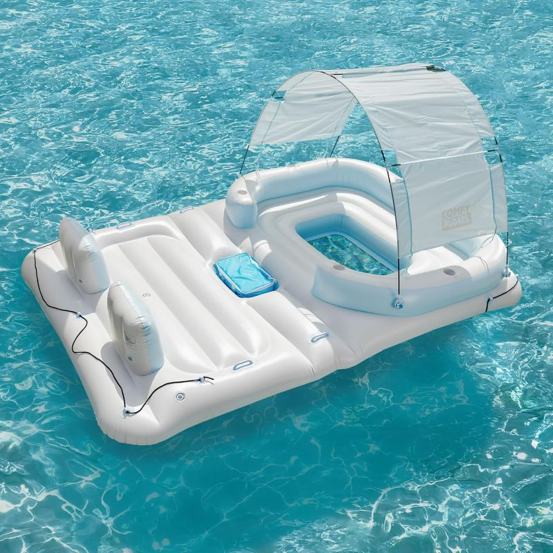 Photo 1 of Comfy Floats Party Float 4 Person Inflatable Party Island Water Float Lounger with 6 Cup Holders, Backrests, and Detachable Sun Shade