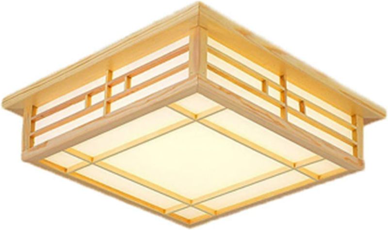 Photo 1 of Japanese Style Square Wood Ceiling Light Fixture with LED Lamps, 110V Remote Control Dimmer Light Perfect for Bedroom, Living Room, Dining Room, and Kitchen